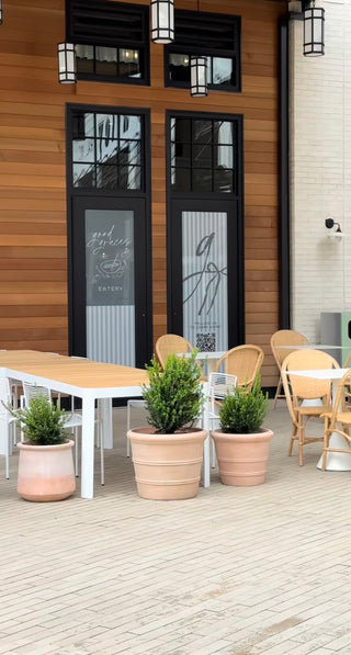 Outdoor seating area with tables, chairs, and potted plants in front of a building with wooden facade. Modern outdoor landscaping in front of restaurant 